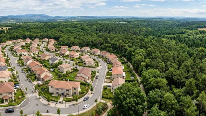 Une vue aérienne montrant un grand lotissement de maisons neuves avec des toits rouges, organisé autour de rues sinueuses, juxtaposé directement à une vaste forêt de pins et de feuillus denses s'étendant à perte de vue.