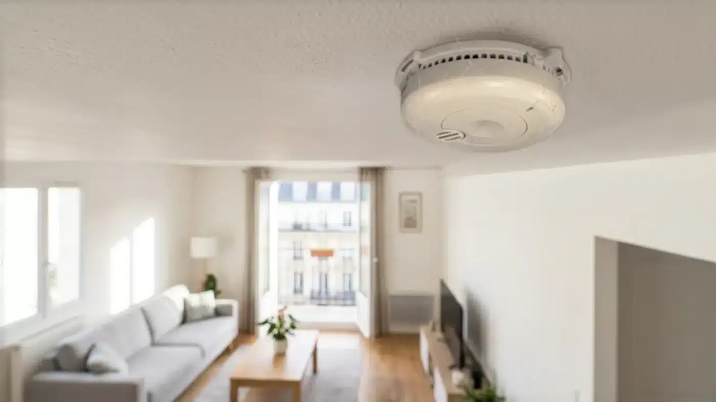 Vieux détecteur au plafond. Remplacer votre détecteur de fumée.