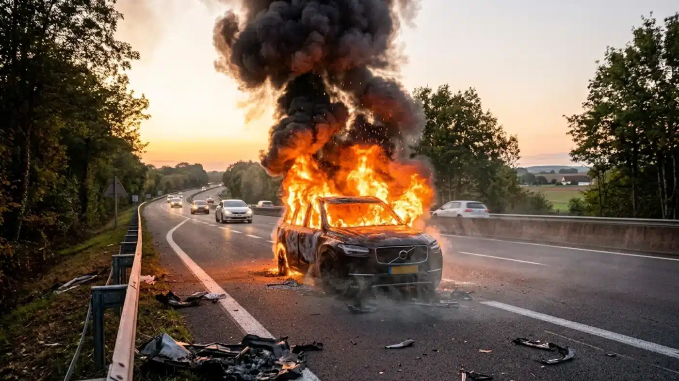 Voiture en feu en bord de route à proximité d'une forêt.