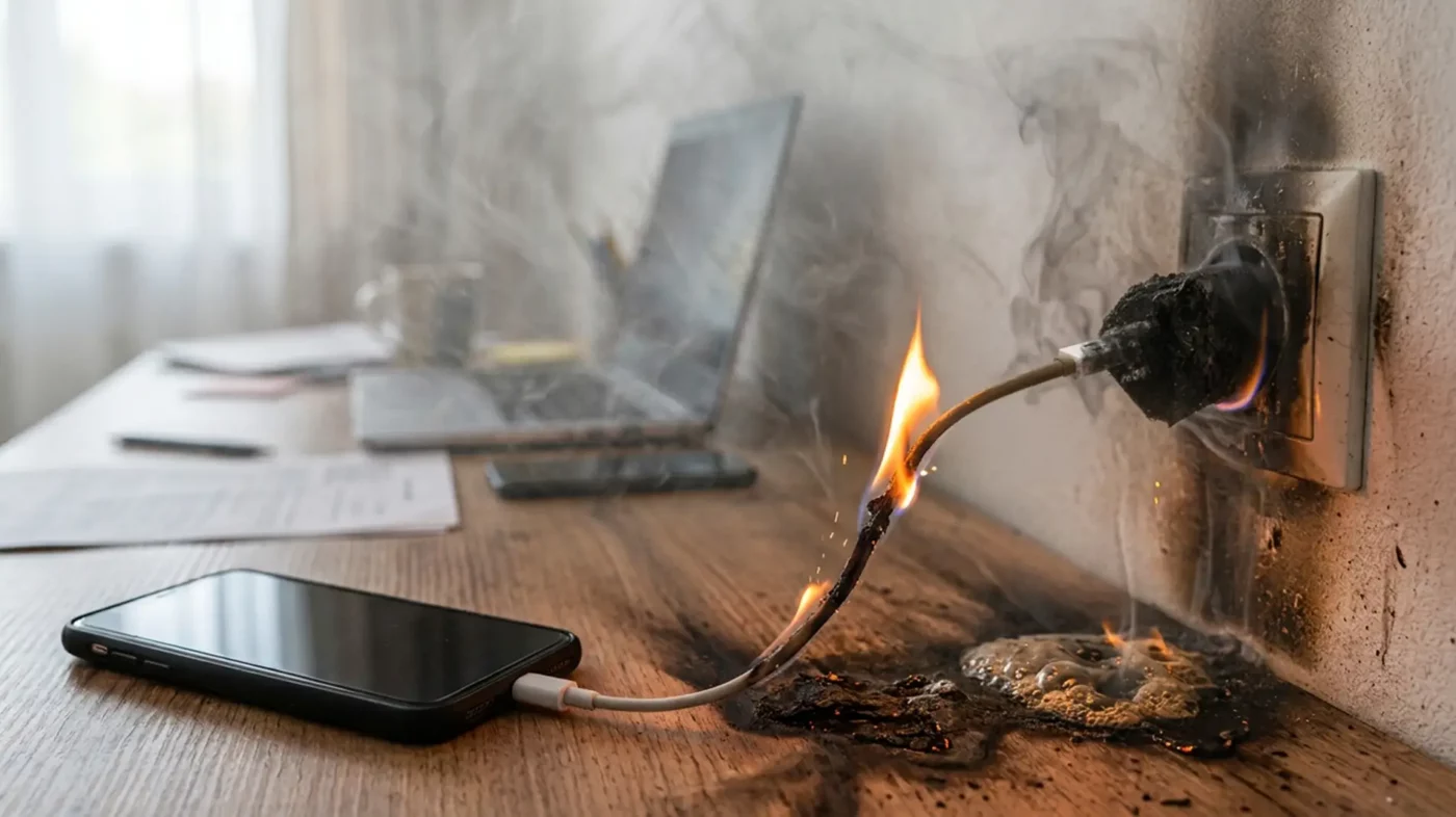 risques d'incendies domestiques, chargeur de téléphone prenant feu